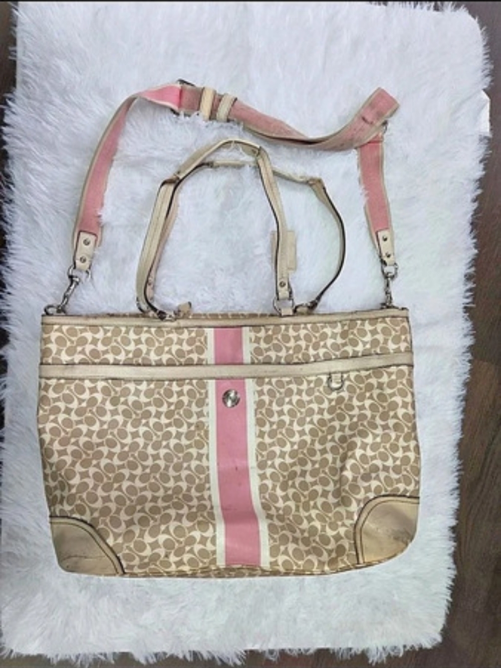 Coach Signature Stripe Tote Pink & Brown